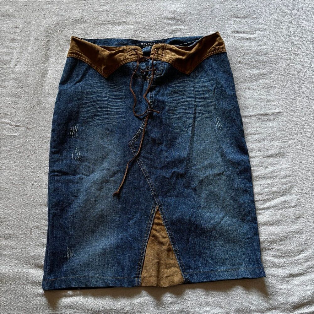 Y2K Rampage Denim Pencil Skirt with Suede Accents